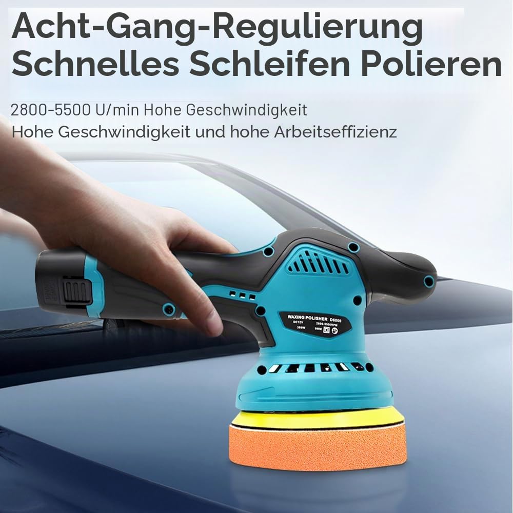 Akku Poliermaschine für Auto, Kabellose Exzenter Poliermaschine mit 8 Geschwindigkeiten (2800-5500 RPM), 125mm, Polierset für Autowachs & Kratzerentfernung, für Auto Boden Möbel (2 Akku)