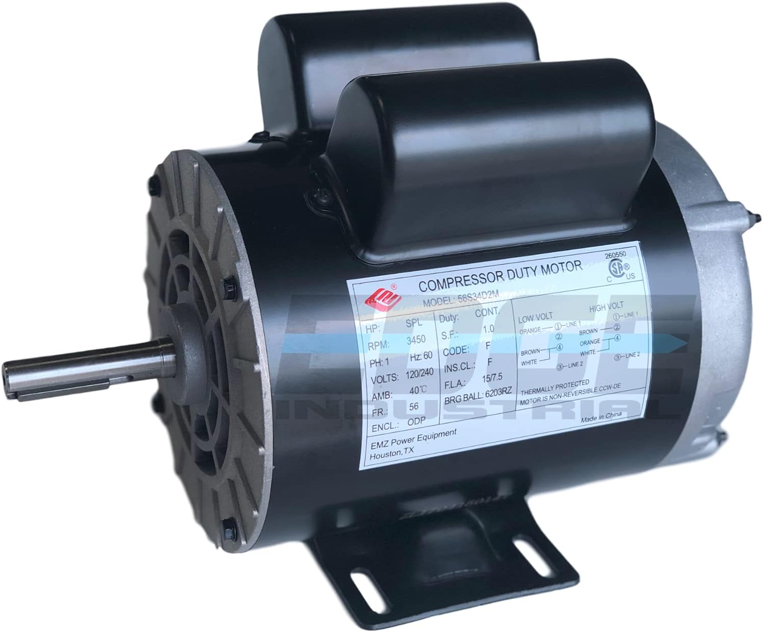 NEW 2 HP SPL Compressor Duty Electric Motor, 3450 RPM, 56 Frame, 5/8" Shaft Diameter,120/240 VOLT