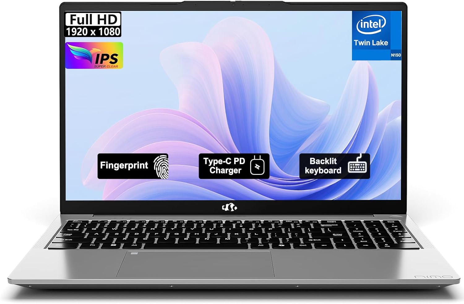 NIMO-15.6" Student-Laptop, 13th Gen Intel N150,8GB RAM 512GB SSD(Beat to i3-1115G4, Up to 3.6GHz), Backlit Keyboard Fingerprint FHD Computer Wi-Fi 6 BT5.2 65W Type-C
