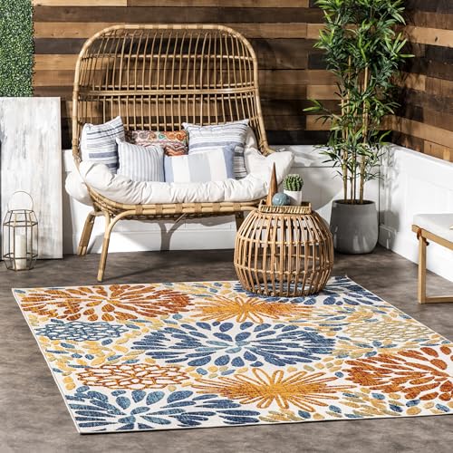 nuLOOM Monique Floral Indoor/Outdoor Area Rug- Modern, Patio, Porch, Deck, Living Room, Non-Shedding, Non-Skid, Easy Cleaning, Multi Color, 6' Square