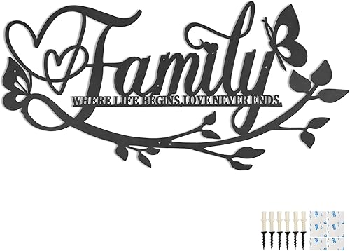 Family Where Life Begins Love Never Ends - Letrero de metal para pared, 27 x 14 pulgadas, gran placa de hierro negro para pared, decoración para
