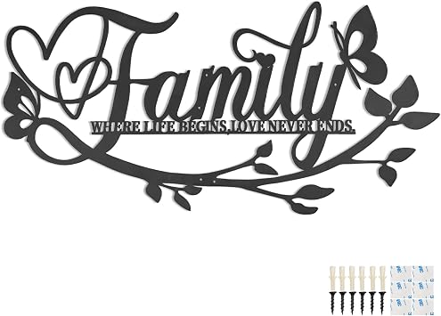 AUHOKY Family Where Life Begins Love Never Ends Word Sign Metal Wall Decor, 27x14in Large Black Iron Wall Art Plaque Decorations, Letters Quotes Wall Hanging Decor for Living Room Bedroom