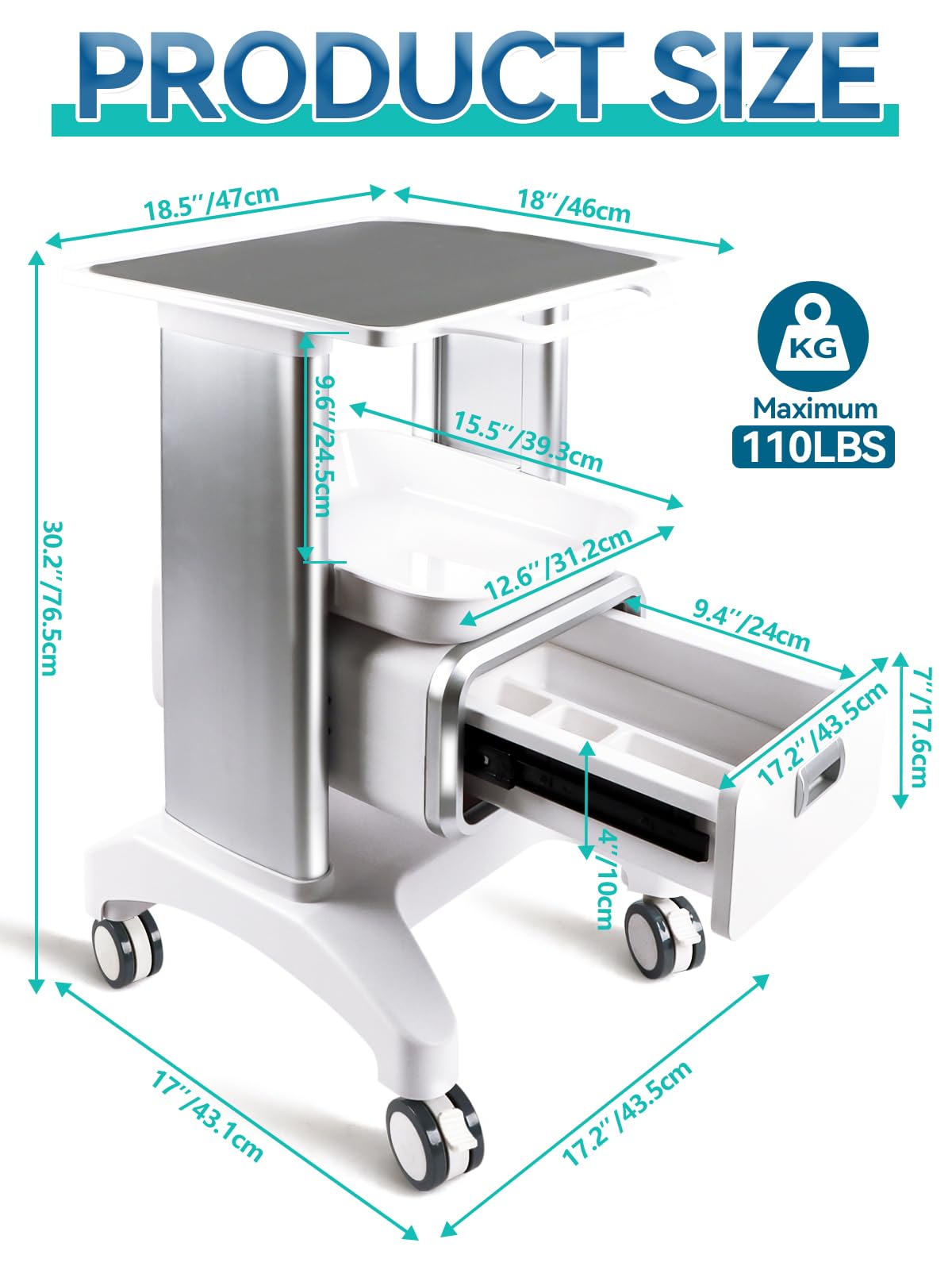 EBANKU Carrello medico con ruote, carrello professionale con cassetto, dotato di cuscinetti antiscivolo, per clinica, spa, ufficio, camera da letto