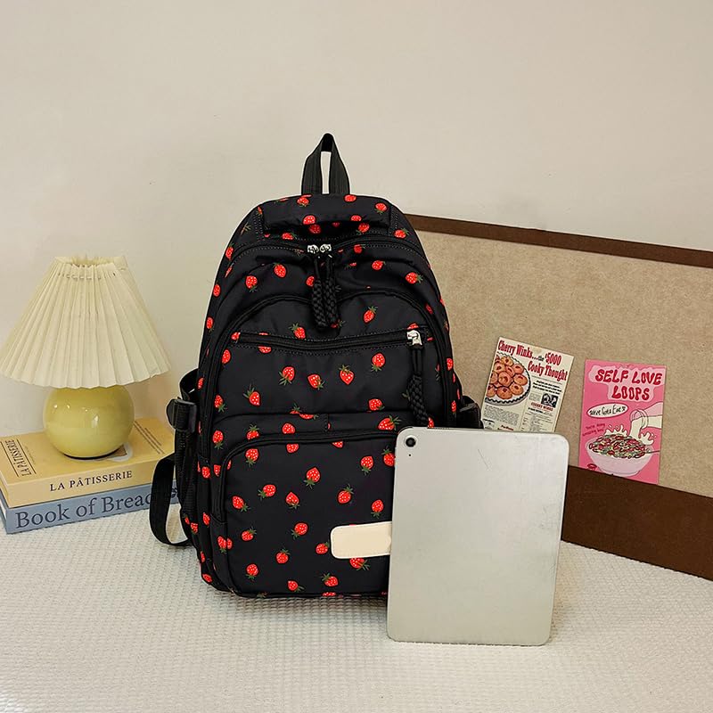 Bow Backpack for Women 3Pcs Set Kawaii Coquette Nylon Backpack Cute College Laptop Rucksack Fashion Travel Daypack 2025 New (Black Strawberry)3