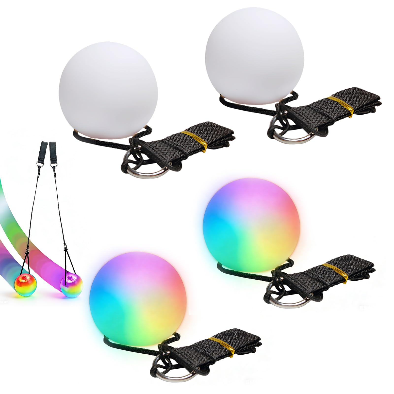 LED Poi Balls, Pack of 4 LED Glow Poi Balls, 9 Light Modes, Luminous Poi Juggling Balls with Rainbow & Breathing Light, Ledpoi Juggling Balls with Leads for Beginners, Children and Adults