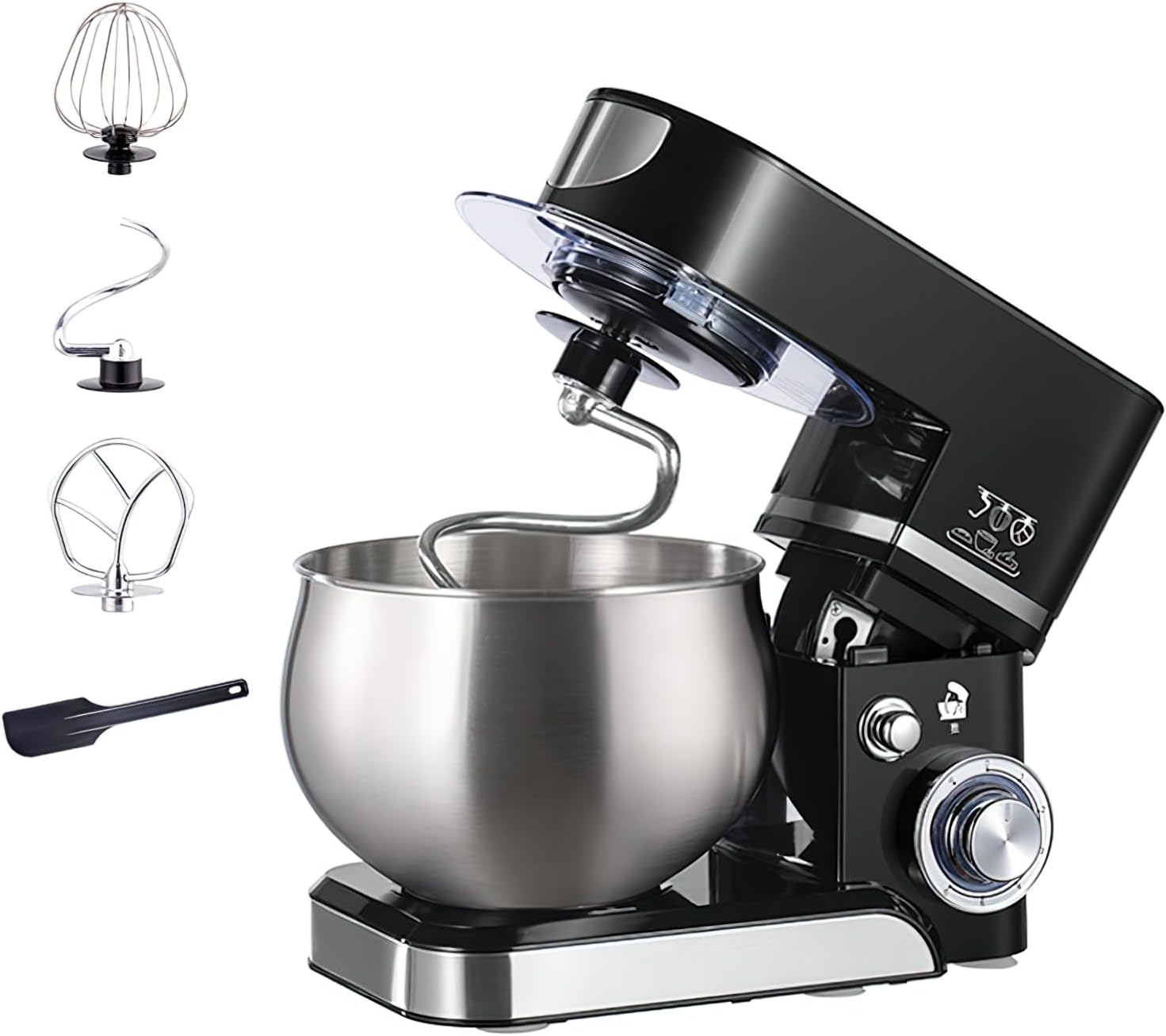 3-in-1 Stand Mixer, 5L large capacity stainless steel bucket, 6-speed speed regulation, including dough hook, wire whisk and flat beater, used for baking and most home chefs (Black)