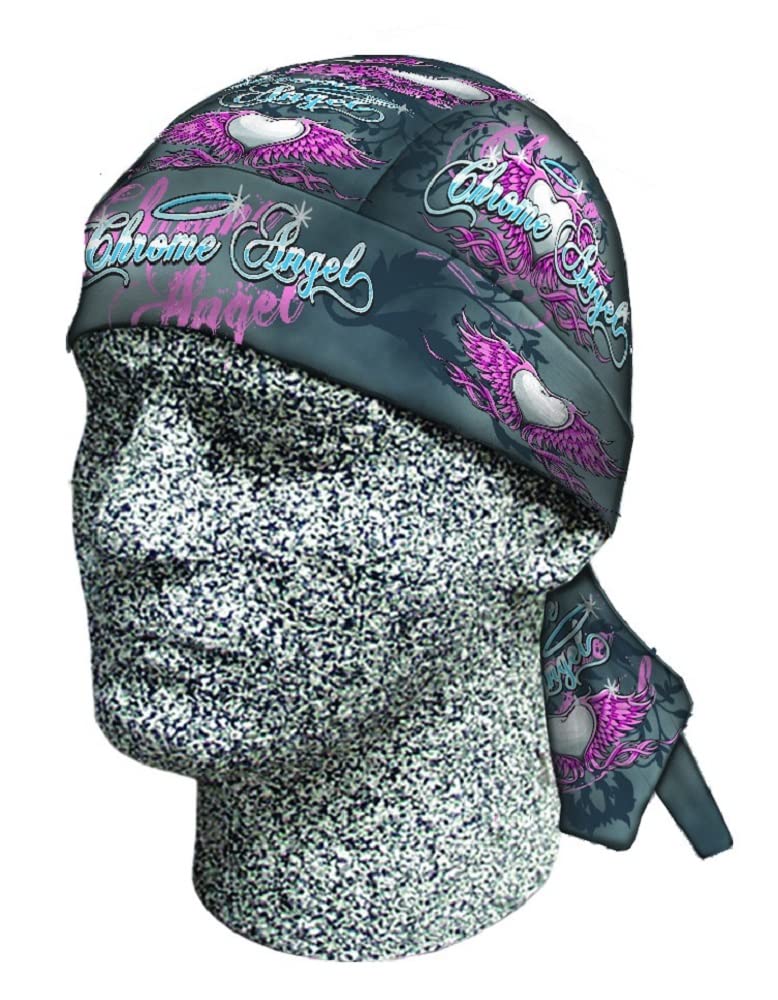 Capsmith Chrome Angel Pink Silver Heart Wings Danbanna Head Wrap Durag Doo Rag Skull Cap Biker with Sweatband