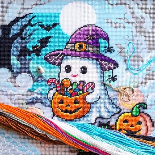 Image of Brvsk Halloween Needlepoint Kit for Adults and Beginners - Trick-or-Treat Ghost 16″ x 16″ with Clear, Precise Printed Design on Cotton Canvas; Includes 2 Needles, Yarn, and Easy-Read Chart