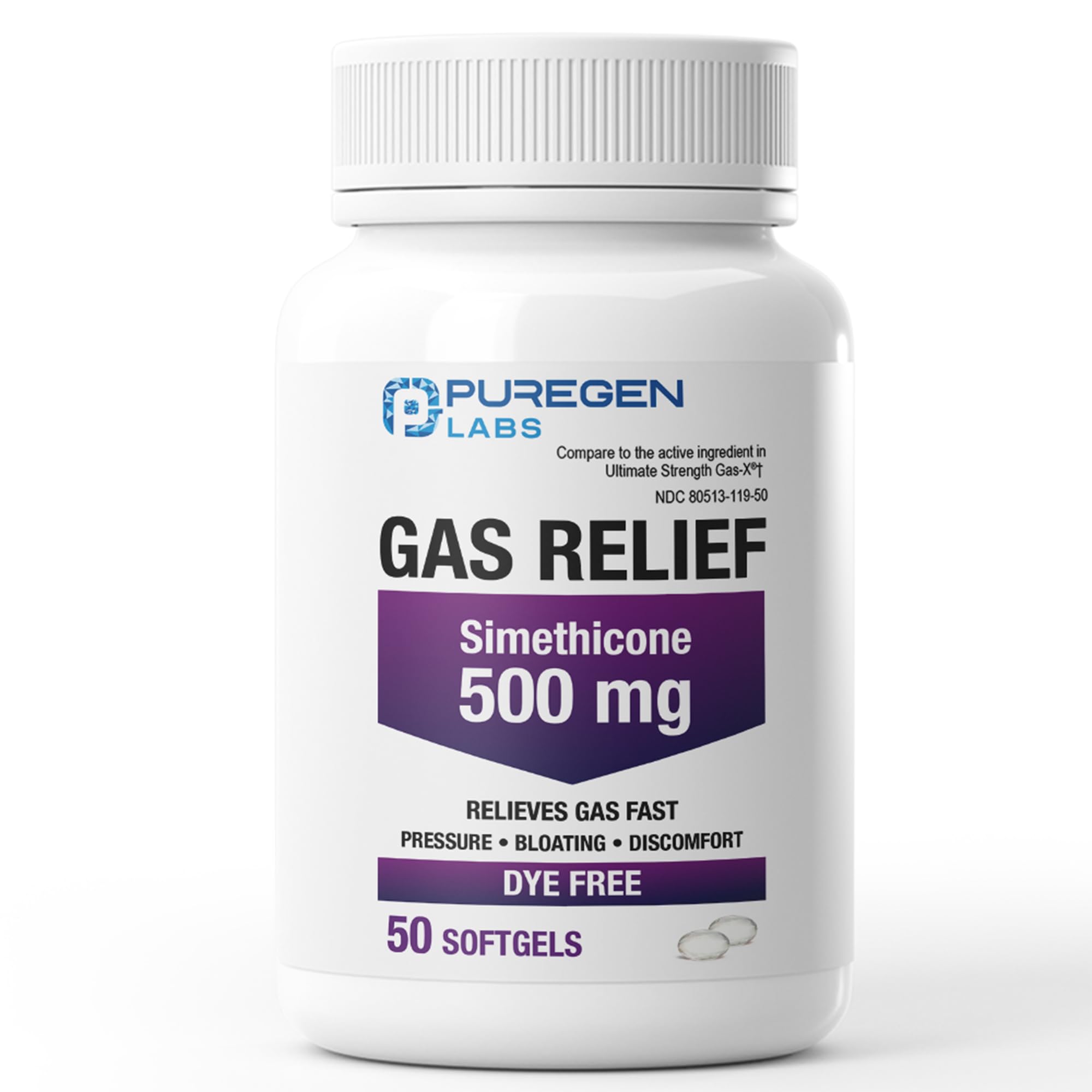 Puregen Labs Gas Relief Softgels with Simethicone 500 mg, Dye Free Formula, Fast Relief from Gas, Bloating & Pressure - 50 Softgels