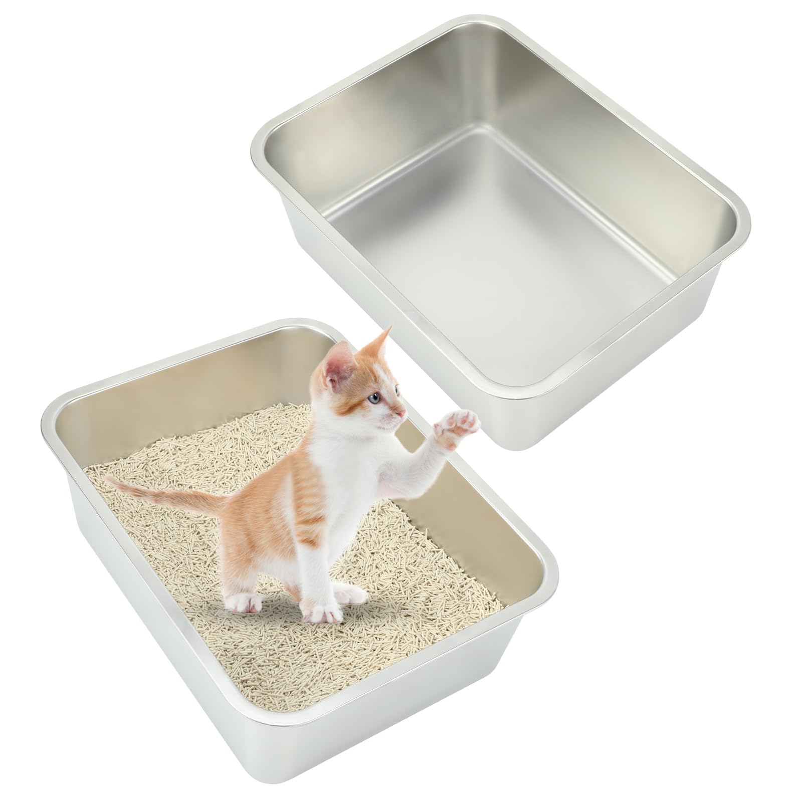 Rypet Stainless Steel Litter Box Metal Litter Box for Cats High Back Litter Box Non-Stick Cat Poop Box Easy to Clean(17.7"*13.8"*5.9")