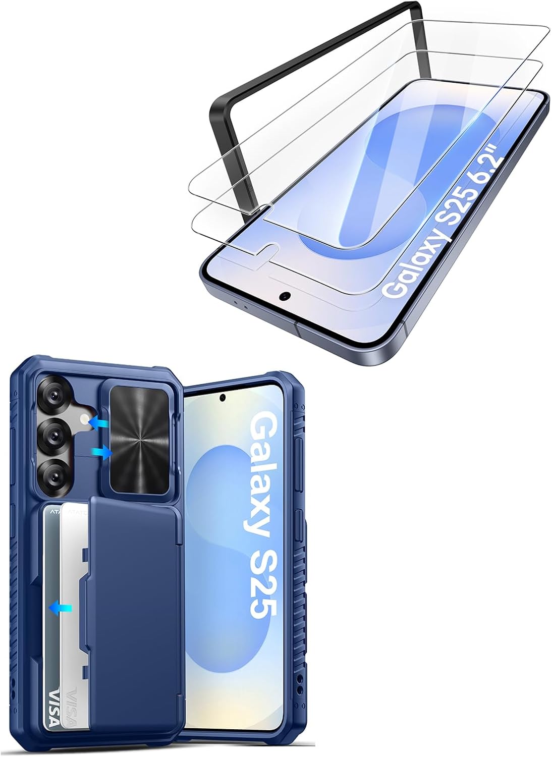 ATATOO for Samsung Galaxy S25 Case with HD Tempered Glass Screen Protector [2 Pack], Build-in Card Holder, Slide Camera Cover, Military Grade Protection, Hard Case for Galaxy S25 6.2", Blue