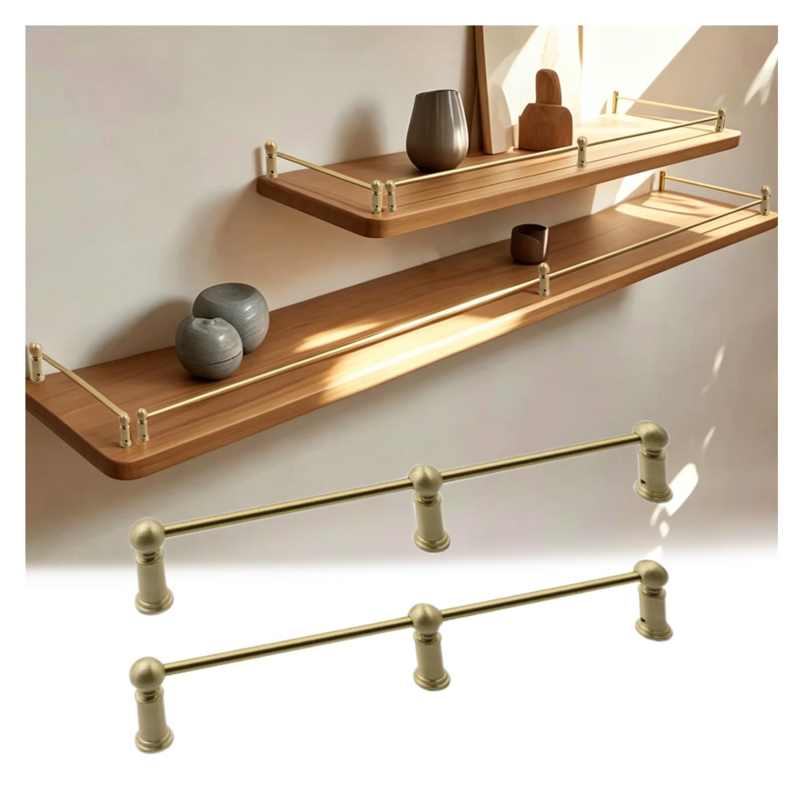 Brass Cabinet Safety Rail 20-158 cm, Customizable Length Anti-Fall Guard Rail Bar with Spindles & Screws, Decor Pole Guardrail for Kitchen Shelf & Wine Rack Organizer(2pcs,L 31"/78.7cm)