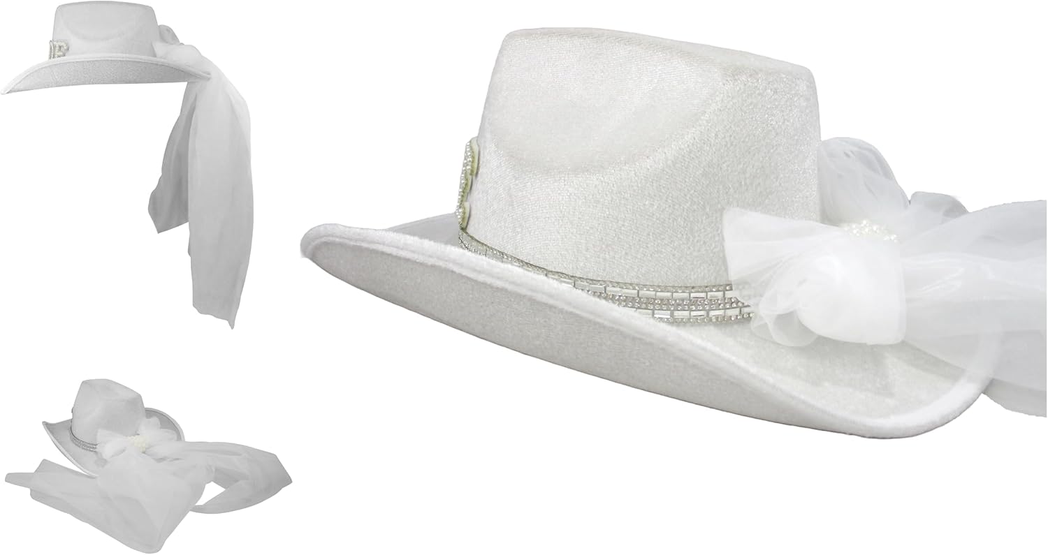 Nicky Bigs Novelties Bride Cowboy Hat Bachelorette, Bride Cowgirl Hat With Veil, Cowgirl Bachelorette Hats For Bridal Party, Bridal Cowboy Hat - Image 5