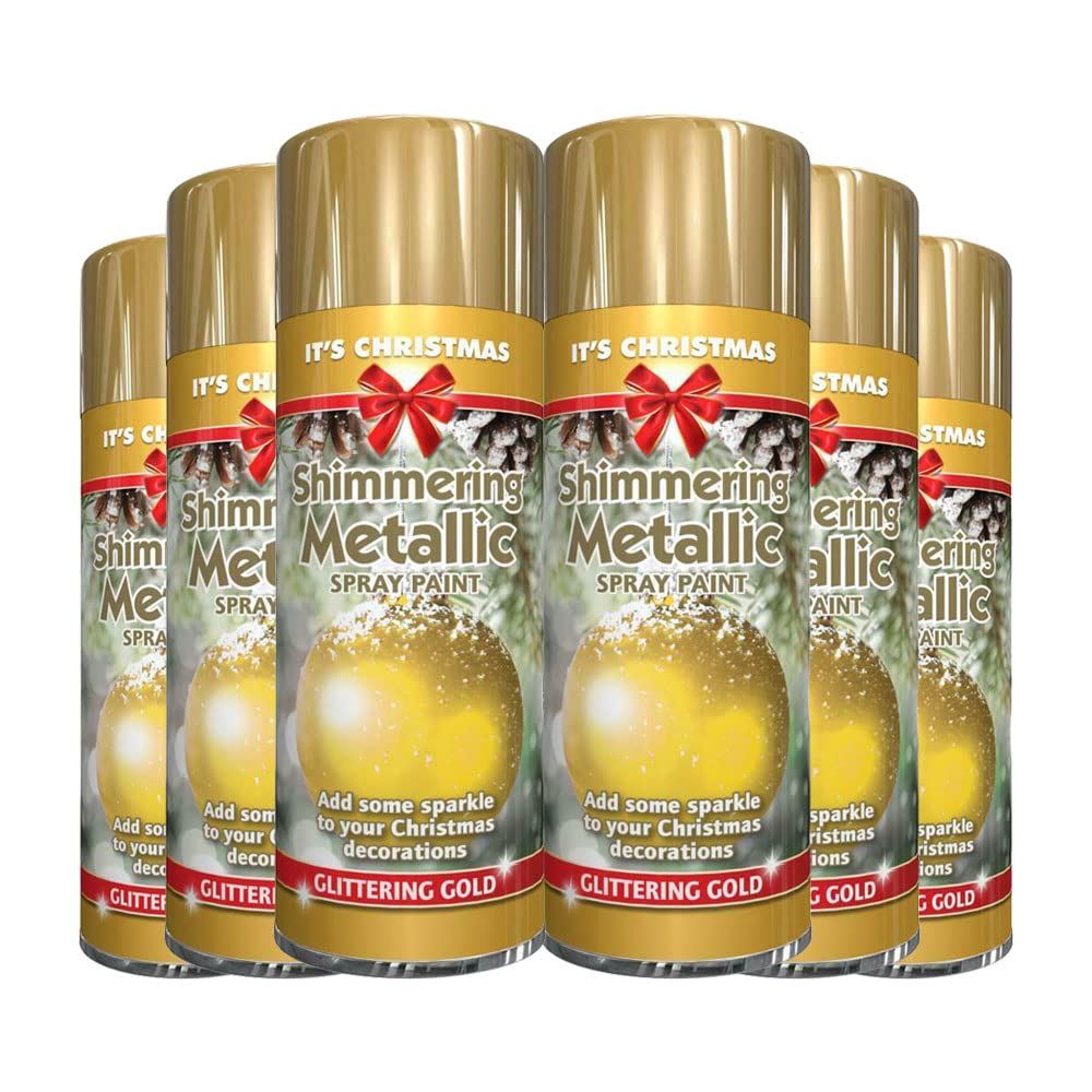 6 x Glitter Metallic Christmas Gold Spray Paint 200ml / 1x Pair of Disposable Gloves Decorative Creative Art and Craft by Swiss Signature