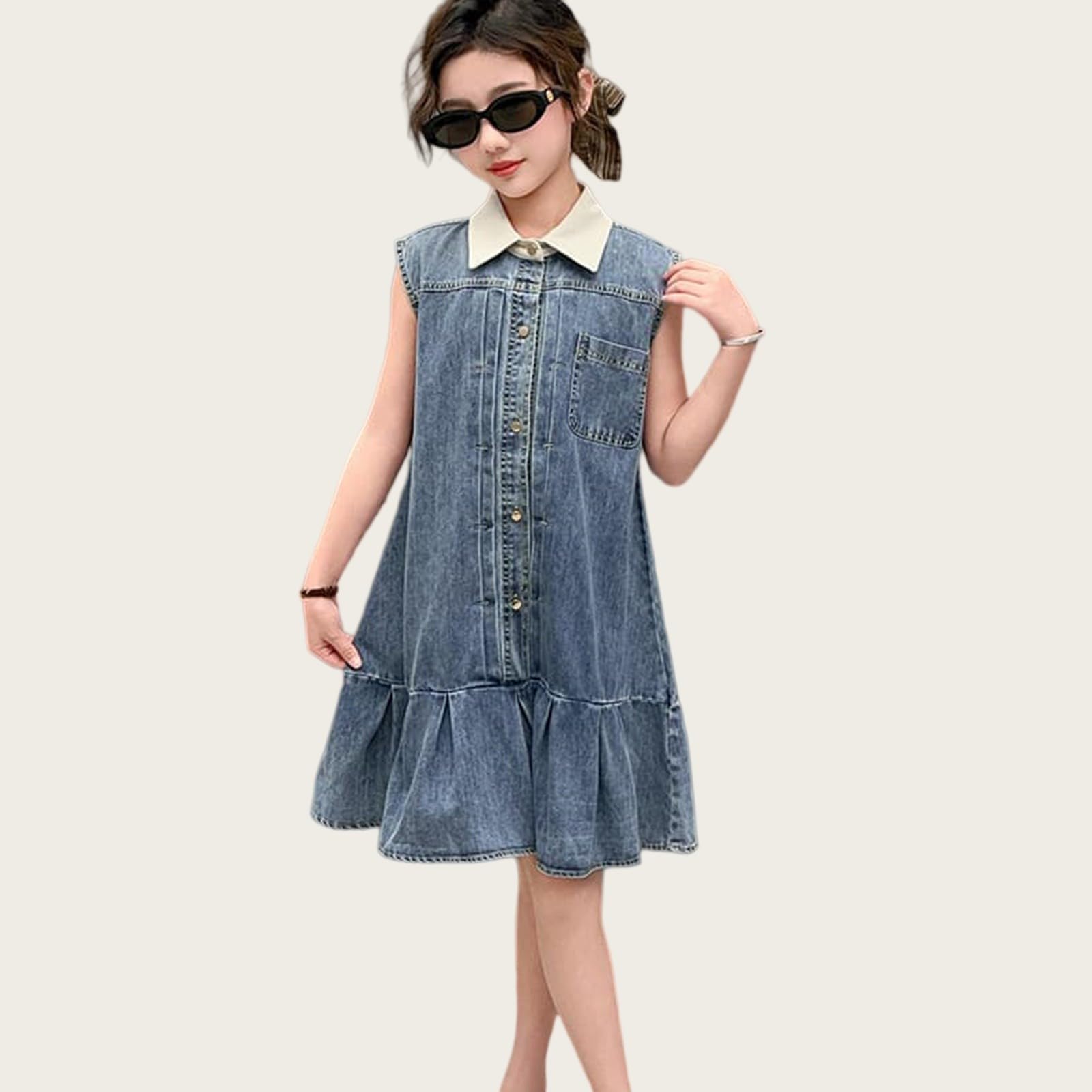 Vestido vaquero para niña, vestido de verano, sin mangas, con volantes, vestido de línea A, vestido para el tiempo libre, vestido de cumpleaños, elegante, suelto para el día a día