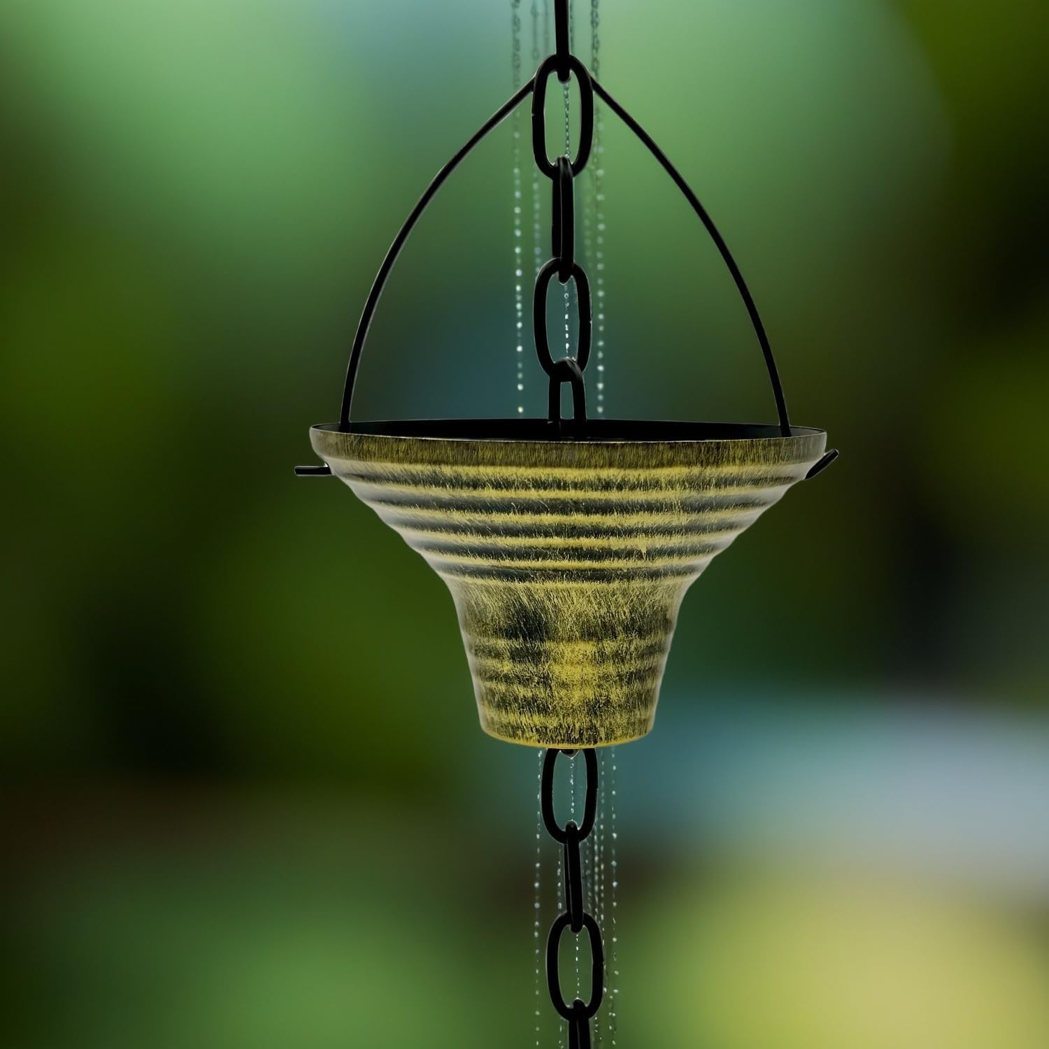 Artistic Wrought Iron Rain Chain | 12-Cup Design with Textured Pattern | 260cm (8.5ft) | Yellow, Blue, Black | Garden Water Drainage Decor (Yellow)