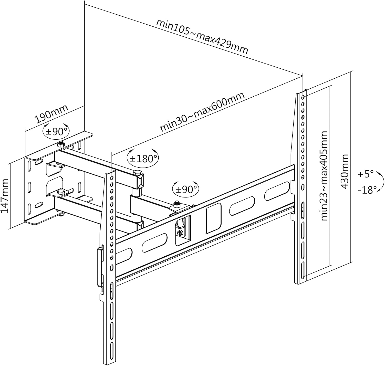 Dimensional drawing of the CABLETECH UCH0199-1 TV Wall Mount with measurements