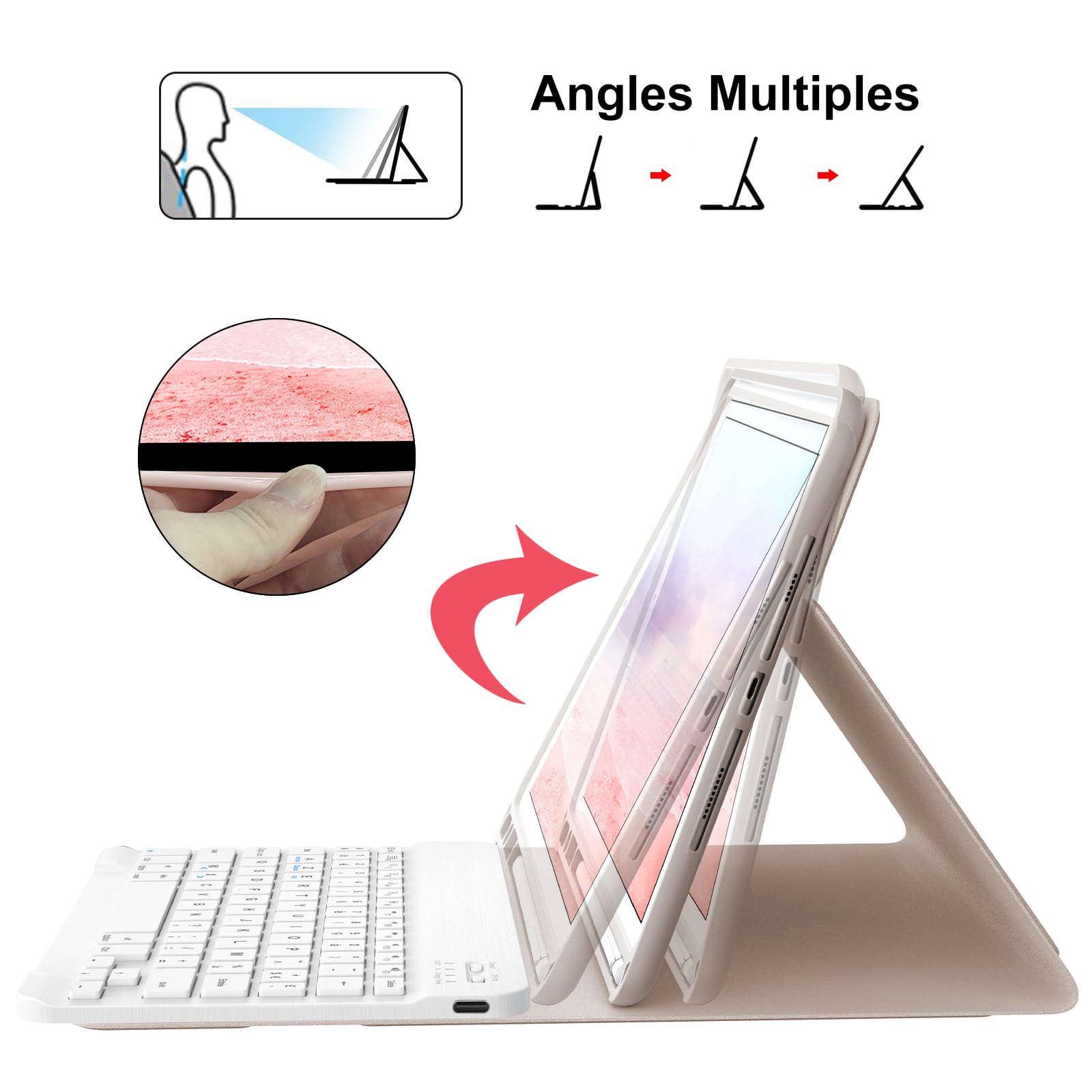 Funda teclado para iPad 9e/8e/7e Generation 10,2 pulgadas, AZERTY francés funda teclado Bluetooth desmontable con soporte para iPad 2021/2020/2019 10.2"/Air 3 2019/iPad Pro 10.5 2017, rosa