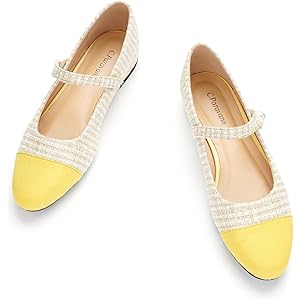 C.Paravano Women's Flats Shoes Round Toe Ballet Flats with Strap Comfortable Mary Janes Tweed Flats Dressy Casual Work Office Party Shoes for Women 9 Yellow