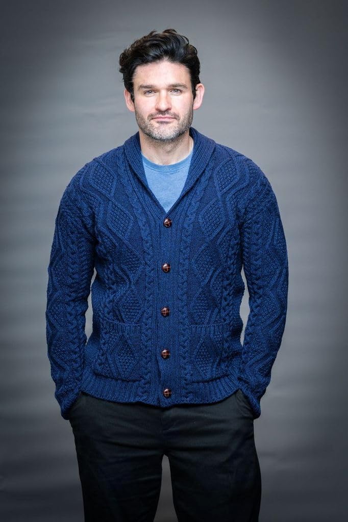 Men's Cardigan Aran Wool Knit Shawl Collar Casual Sweater with Buttons - Image 2