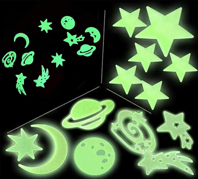 24 3D Glow in the Dark Magical Galaxy Planets, Shooting Stars and Moon Shapes, Florescent Wall Decals, Decor Stickers for Sensory Nursery, Baby Kids Children Bedroom Decoration (24 Galaxy & Planets)