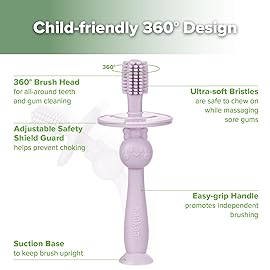 haakaa 360 Baby Toothbrush with Suction Base - Gentle Cleaning for Infant Self-Brushing Training, Sorft Food-Grade Silicone, Baby Teething Relief - Lavender, 1 Count