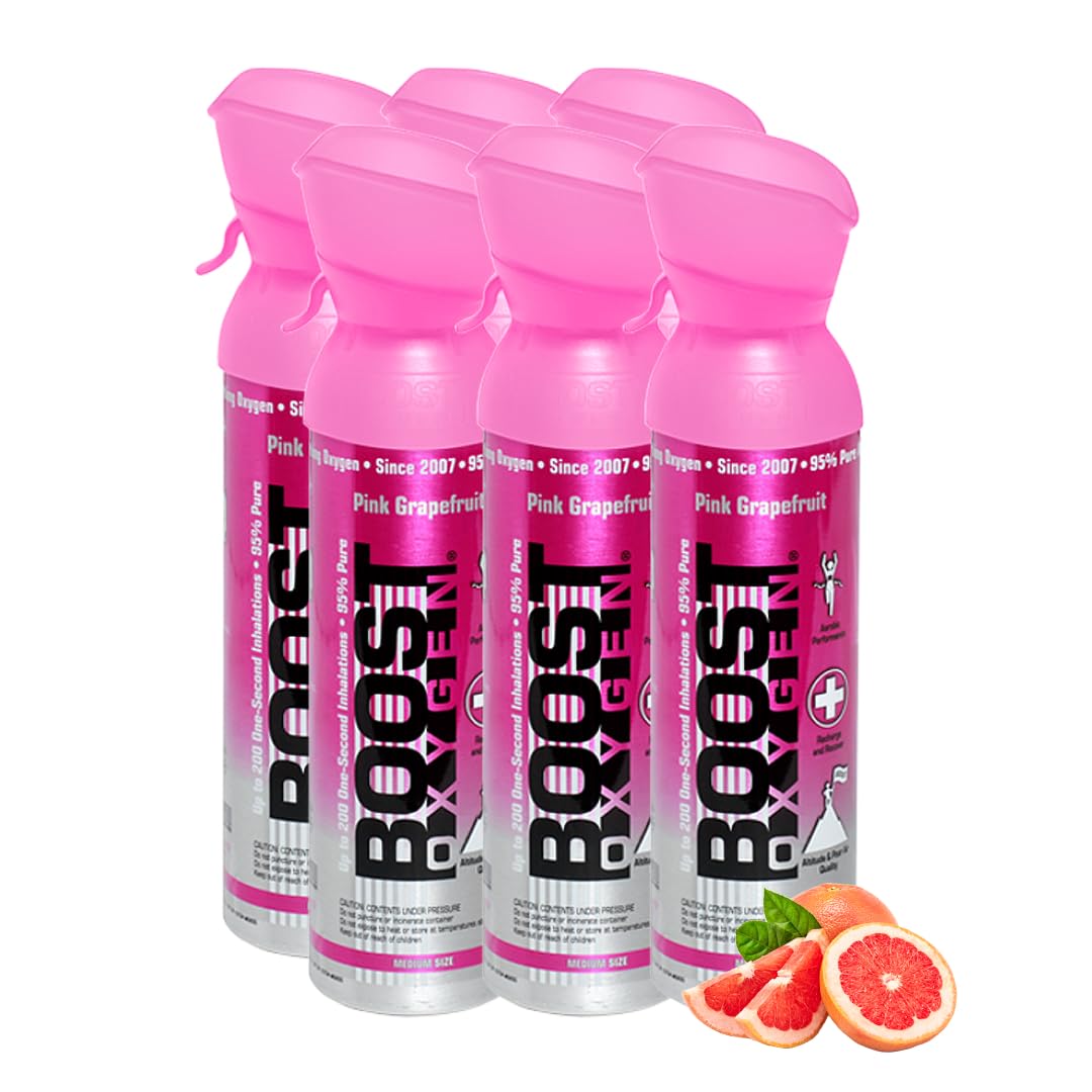 Boost Oxygen Sauerstofflasche für Unterwegs mit 95% Sauerstoff - 30L, 6x5L Sauerstoffdose mit Sauerstoffmaske für mehr als 600 Inhalationen - mobiler Sauerstoff Inhalator (Rosa Grapefruit Geschmack)