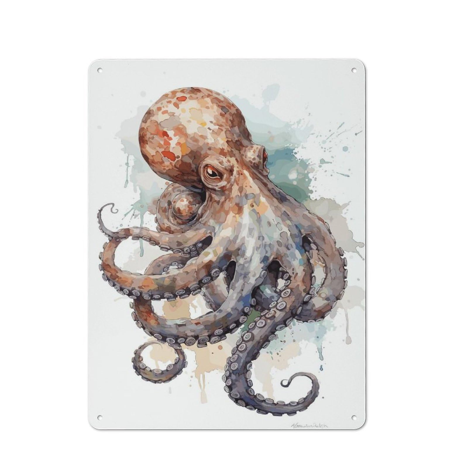 Watercolor Octopus Classic Metal Wall Decor 40x30cm, Metal Wall Plaque for Hobby Room, Office, Lounge Or Living Room