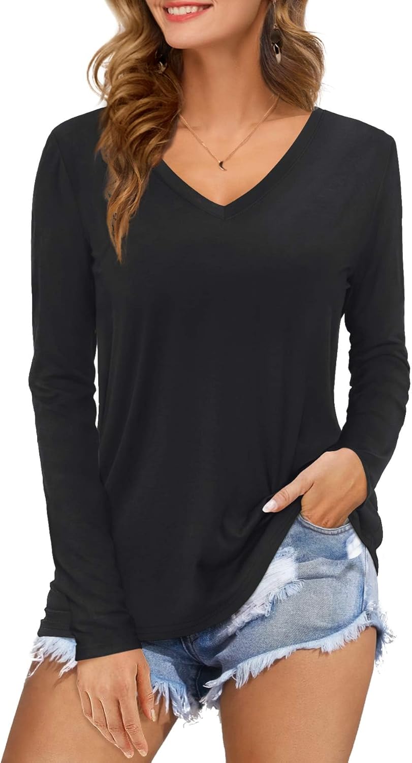 Amoretu Womens Tshirts V Neck Short Sleeve Tops Tee Solid Color Blouse