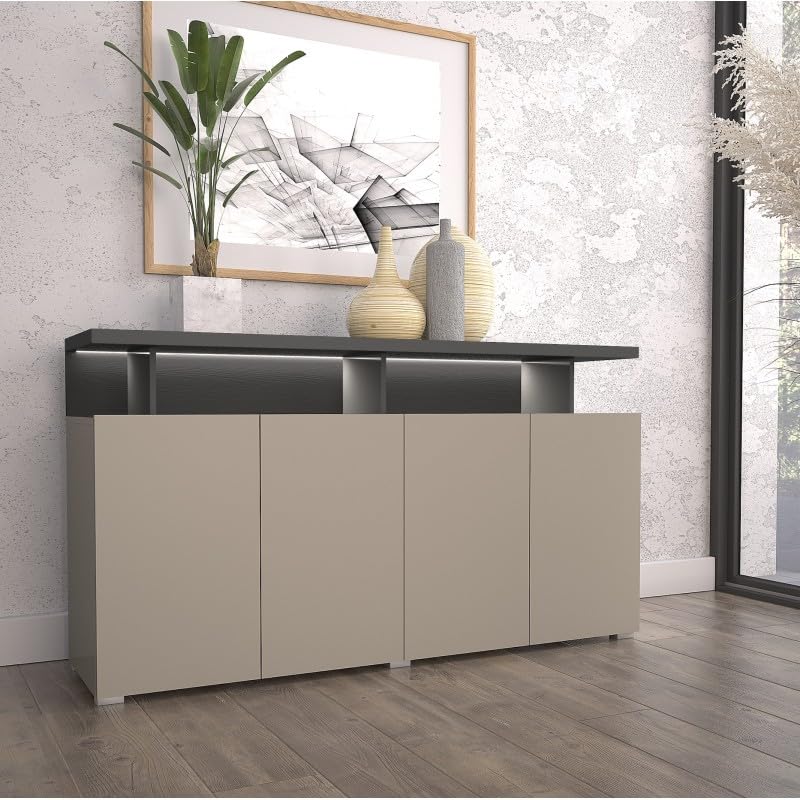 Tendencio Gamme SERIA – Mobilier Salon Design Taupe, Noir & Bois Congo – Style Industriel Chic Moderne (Mur TV, Buffet, Vitrine, Table Basse) (L 153 × H...