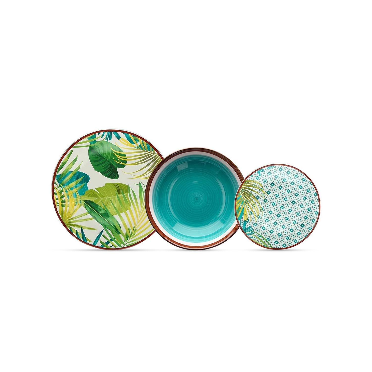 Avilia Servizio da Tavola 18 Piatti in Porcellana Resistente con Design Botanico Tropicale - Ideale per Uso Quotidiano con Piatti Piani, Fondi e da Frutta - Versatili e Lavabili in Lavastoviglie