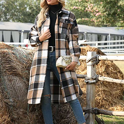 Xaspee Womens Long Plaid Shacket Jacket Casual Fashion Lapel Button Down Long Sleeve Long Plaid Coat with Pockets3