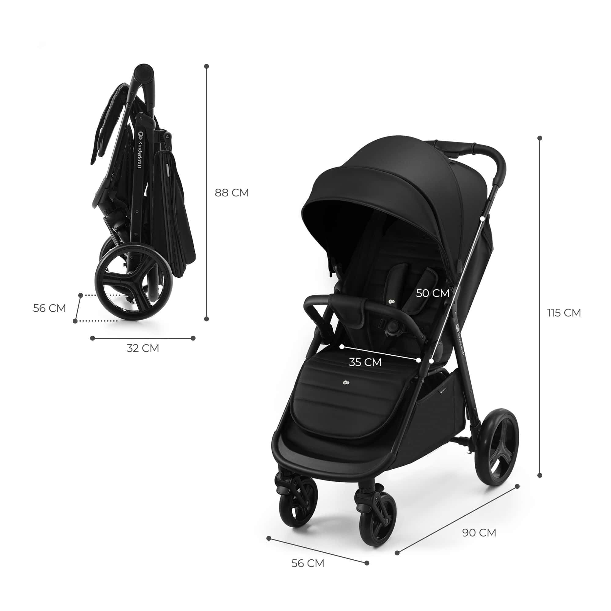 Kinderkraft RINE wózek dziecięcy, do 22 kg, składany jedną ręką, wodoodporny daszek z filtrem UPF50+, pozycja leżąca, uchwyt na napoje w zestawie, czarny