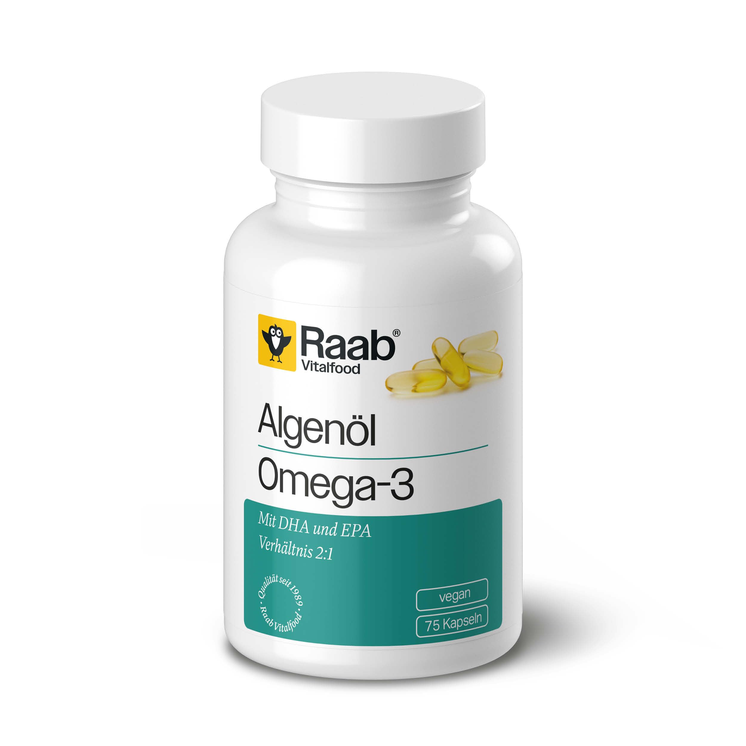 Raab Vitalfood® Algenöl Omega-3 Kapseln (75 Stück) - Omega-3 Vegan aus Algenöl, mit DHA und EPA (2:1), nachhaltige Alternative zu Fischöl, Omega-3 Fettsäuren DHA 250 mg und EPA 125 mg pro Kapsel