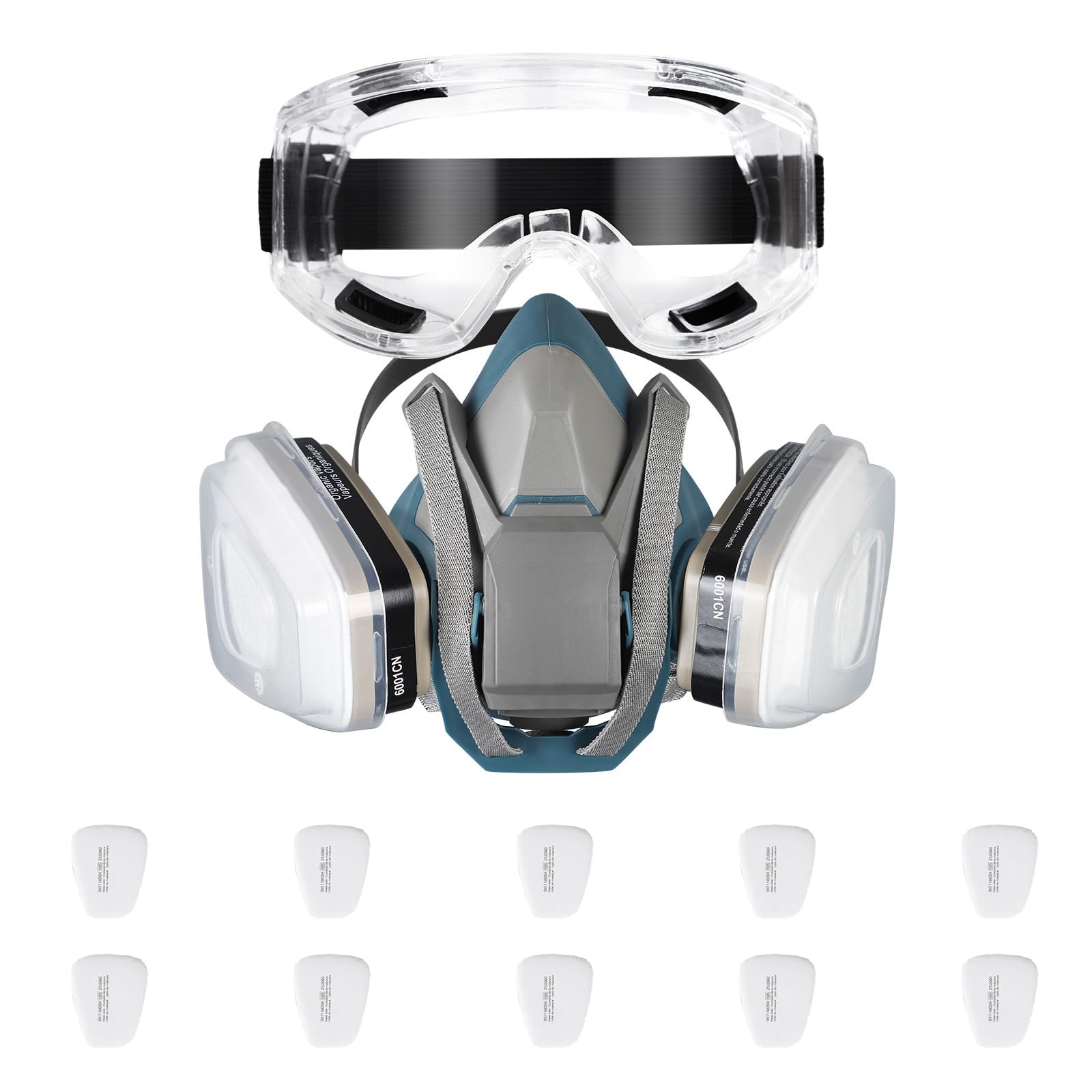 Masque respiratoire réutilisable en silicone avec filtres remplaçables et lunettes à vue large Masque respiratoire anti-buée pour la sécurité du visage résistant produits chimiques