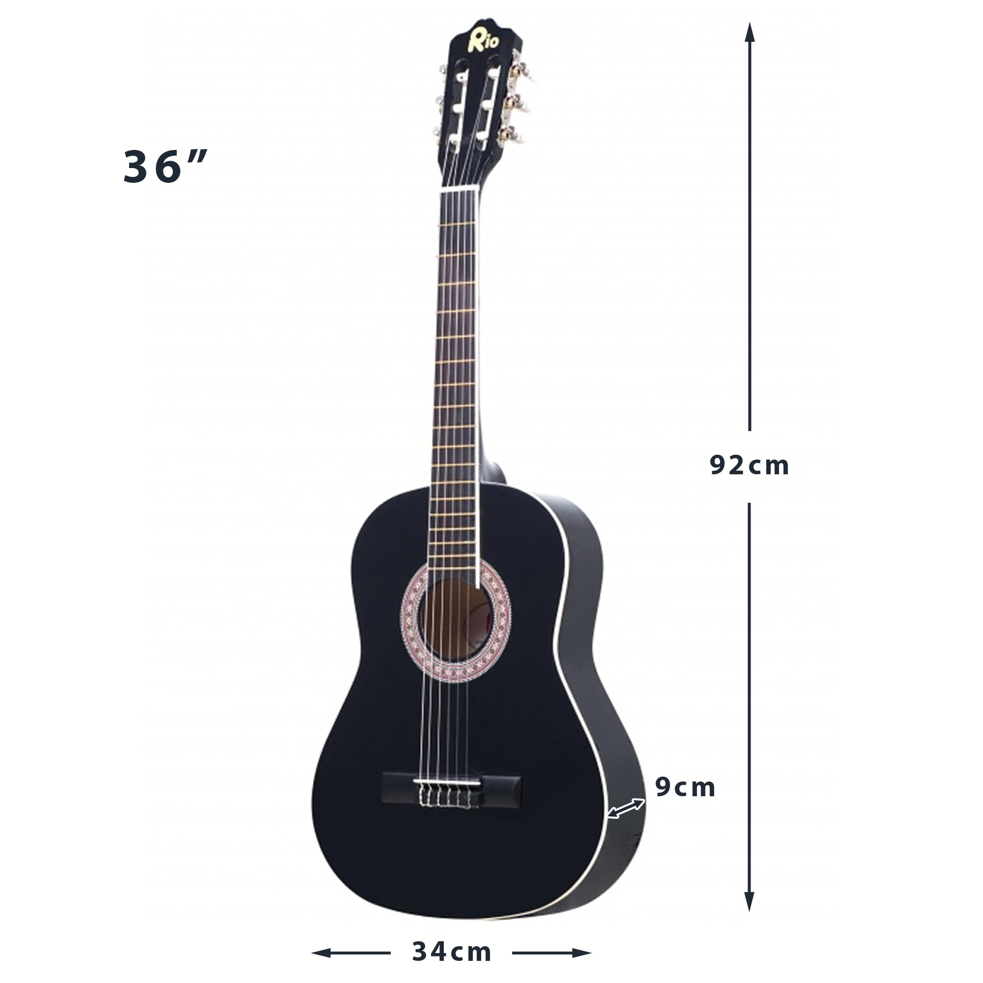 Akustikgitarre Rio Größe 3/4 für Kinder - Passend für 9–12 Jahre, inkl. Tasche, Gurt, Plektren, Stimmpfeifen und DVD 36'' schwarz