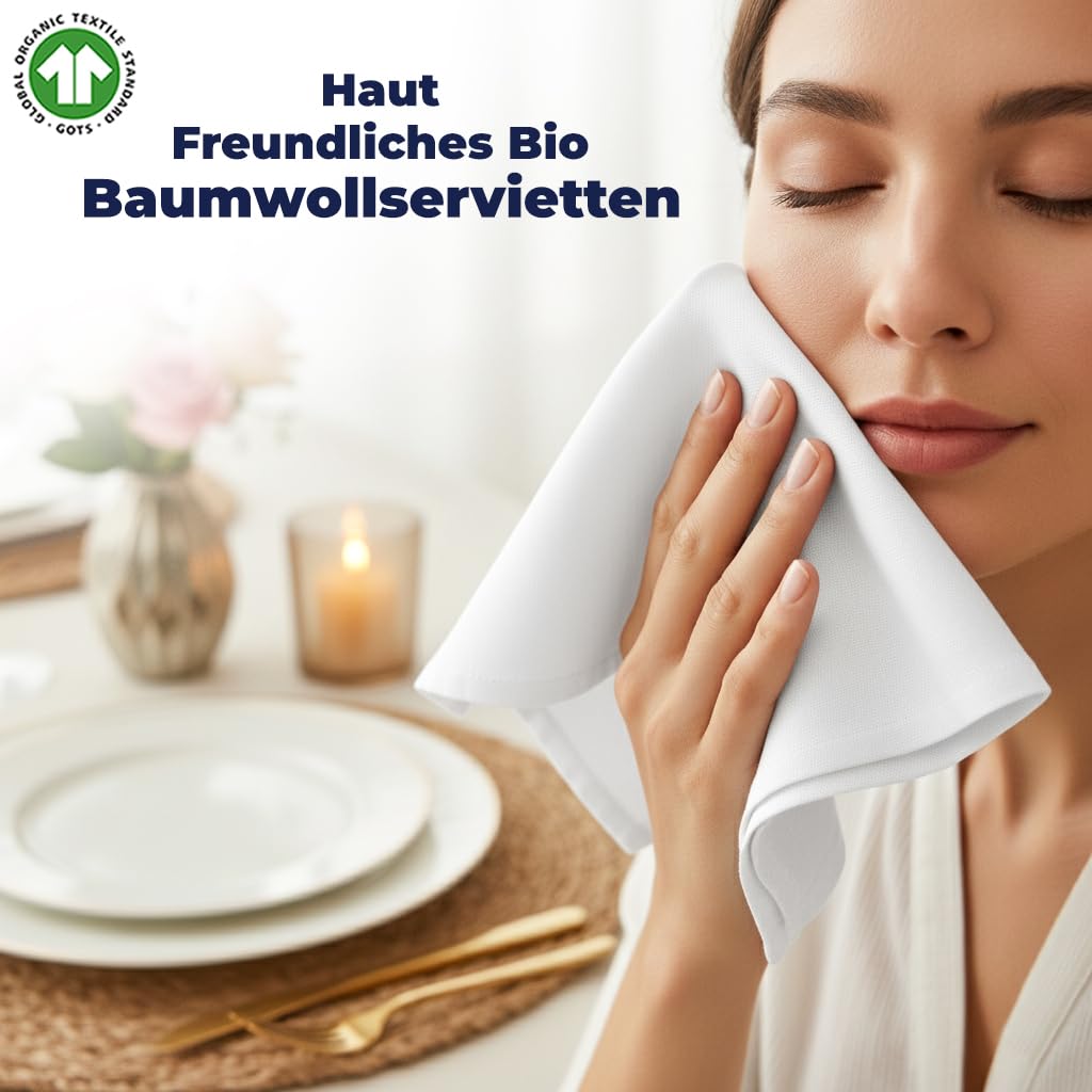 LivinEase Stoffservietten aus Baumwolle – 12 Stück Weiß Tischservietten – 100% Baumwolle, Wiederverwendbare große Stoffservietten 46 x 46 cm für den Weihnachtstisch (White)