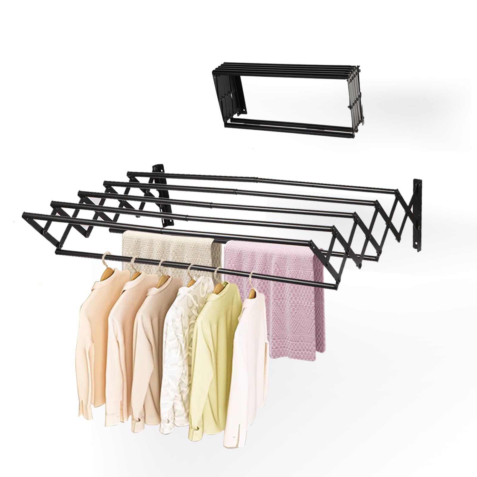 XL-31.5'' Wall Mounted Clothes Drying Rack, 130 lbs Large Capacity Rustproof Retractable Collapsible Drying Rack Easy Install with 7 Drying Rods, Space Saving Towel Drying Rack for Laundry-Black