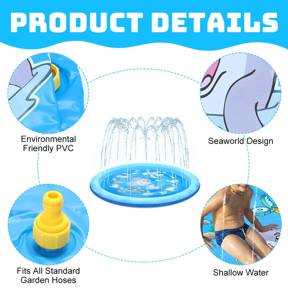 170cm Splash Pad, Sprinkler Wasser Spielmatte,Splash Pad Wasserspielzeug Kinder,Sprinkler Wasser-Spielmatte Für Outdoor Garten Wassersprinkler Kinder Splash Pad (Delfin-Design)