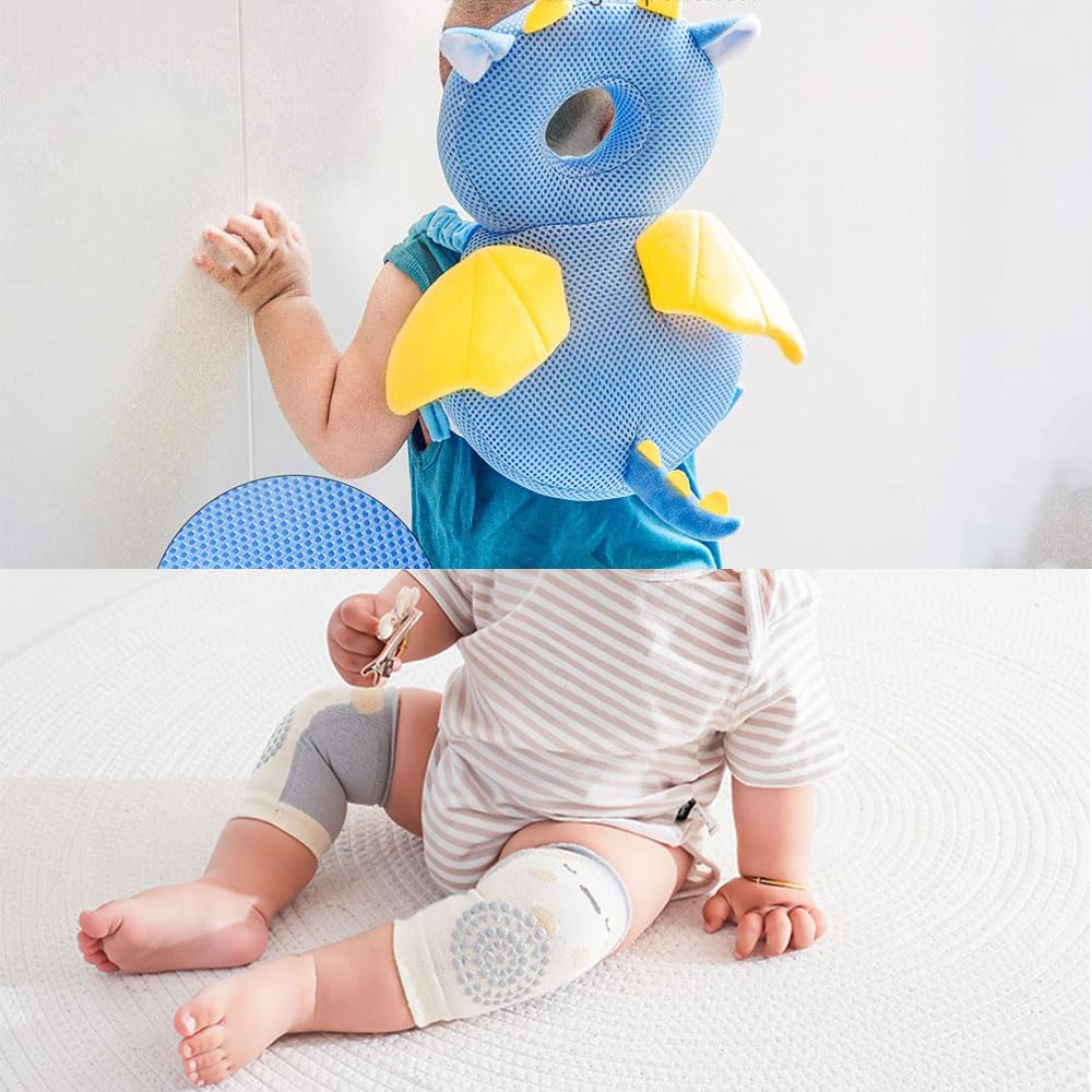 protector cabeza bebe con rodilleras casco bebe golpes para niños pequeños que aprenden a gatear y caminar, para niños de 4 a 24 meses,Ajustable, Respirable (Dragón) El bebé no se resiste