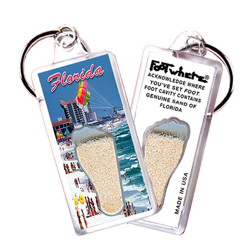 FootWhere Florida Keychain. (FL106 - @ da Beach) Authentic destination souvenir acknowledging where you've set foot. Genuine soil of featured location encased inside foot cavity. Made in USA