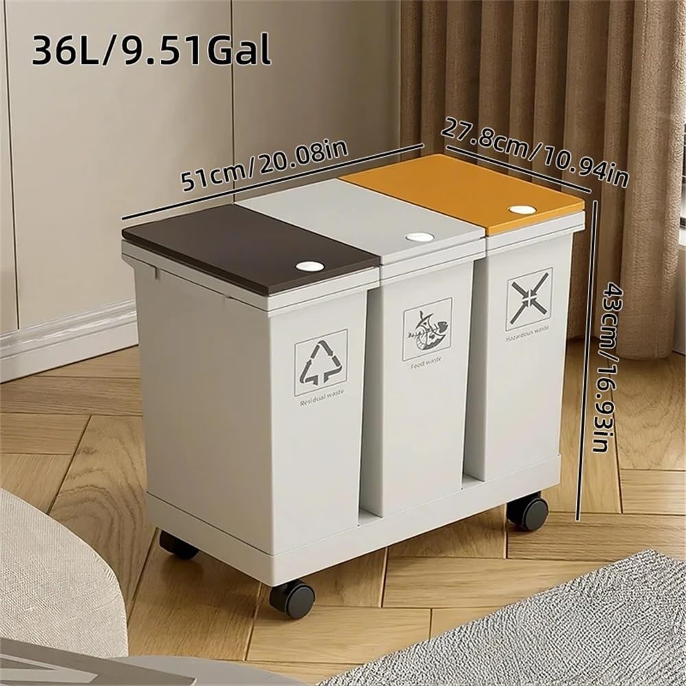 Papelera de cocina, papelera de reciclaje con ruedas, separación de residuos secos y húmedos, tipo empuje Papelera(36L)