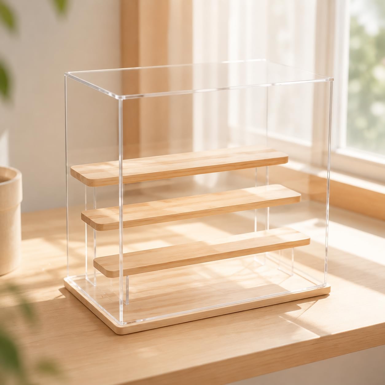 Vitrine Sammlerstücke, Transparente Acryl Vitrine mit Holzfuß, Mehrstufige 4 Ebenen Vitrine für Figuren und Modellbau, Staubfrei und Dekorativ , Japanischer Stil, 4 Ebenen (#2548)