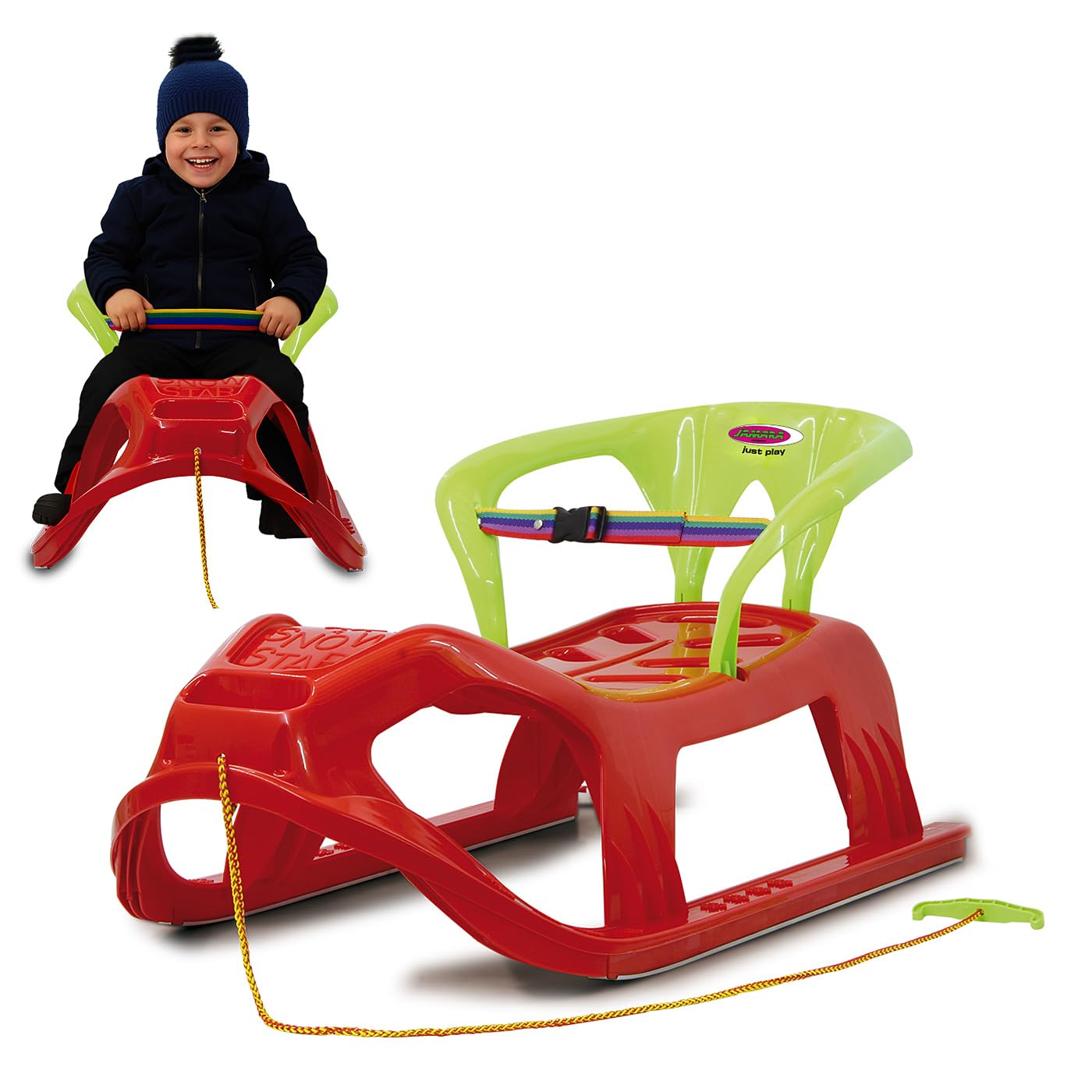 Jamara 460366 - Snow Play Trineo con Respaldo Snow-Star 90 cm Rojo – Protección contra vuelcos, Ligero