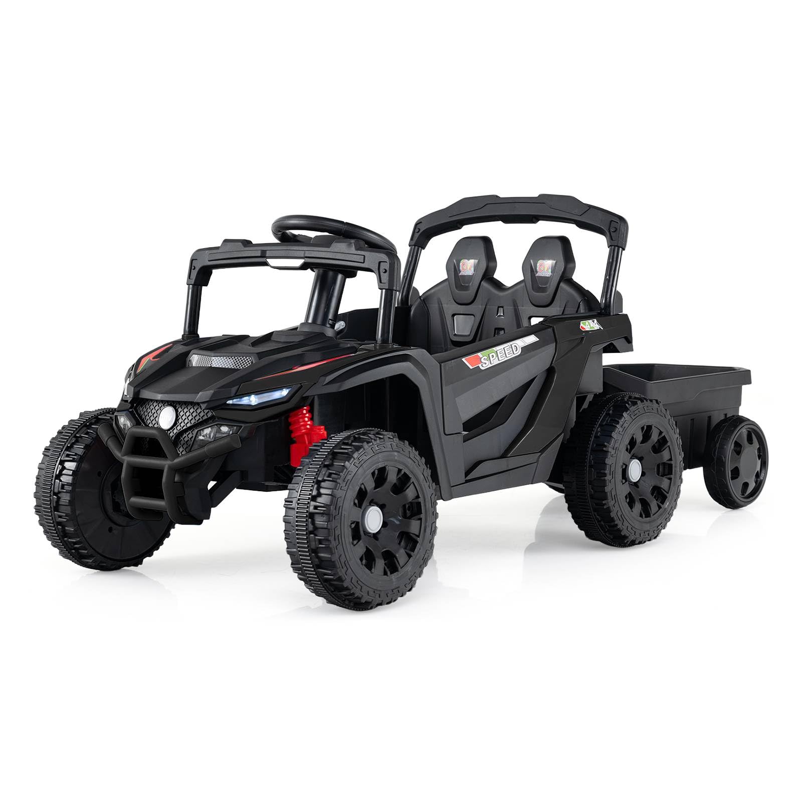 COSTWAY Kids Ride on Tractor with Trailer, 12V Electric Vehicle with Remote Control, Spring Suspensions, Light & Music, Dual Motors Battery Powered Ride on Car for 3+ Years Old (Black)