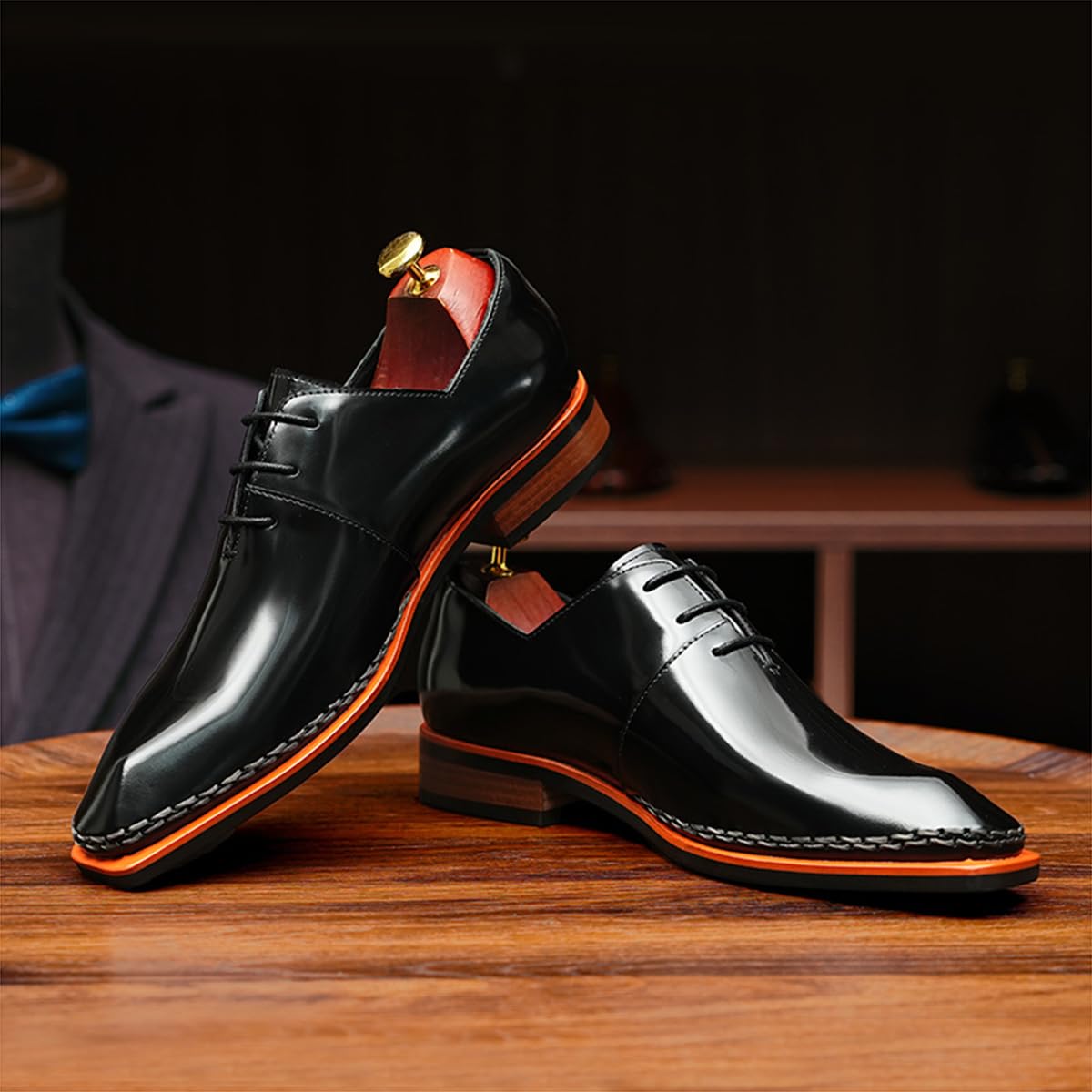 Oxfords Pulidos Hechos a Mano para Hombre Zapatos con Cordones Cuero Genuino Punta Cuadrada Zapatos de Vestir Formales Negocios