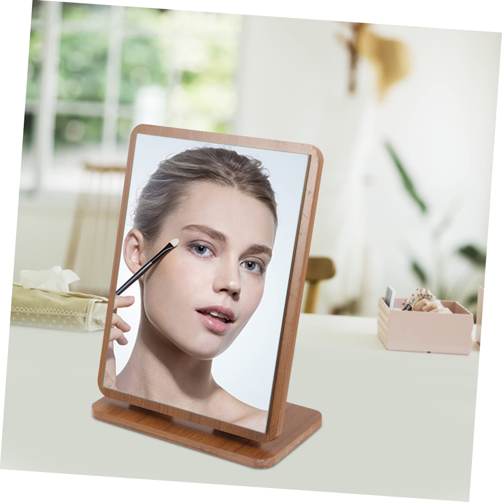 PRETYZOOM Espejo de Maquillaje de Madera Marrón para Tocador Ajuste de Ángulo, Diseño Elegante y Funcional para Cuidado Facial en Dormitorio o Baño
