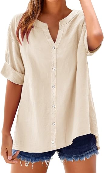Womens Oversized Button Down Shirts Summer Cotton Linen Blouse V-Neck Short Sleeve Loose Tunic Tops Office Work Tees