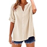 Linen Shirts for Women Solid V Neck Roll up Sleeve Tee Vacation Boho Summer Tops Vintage Beach Blouse Travel Clothes