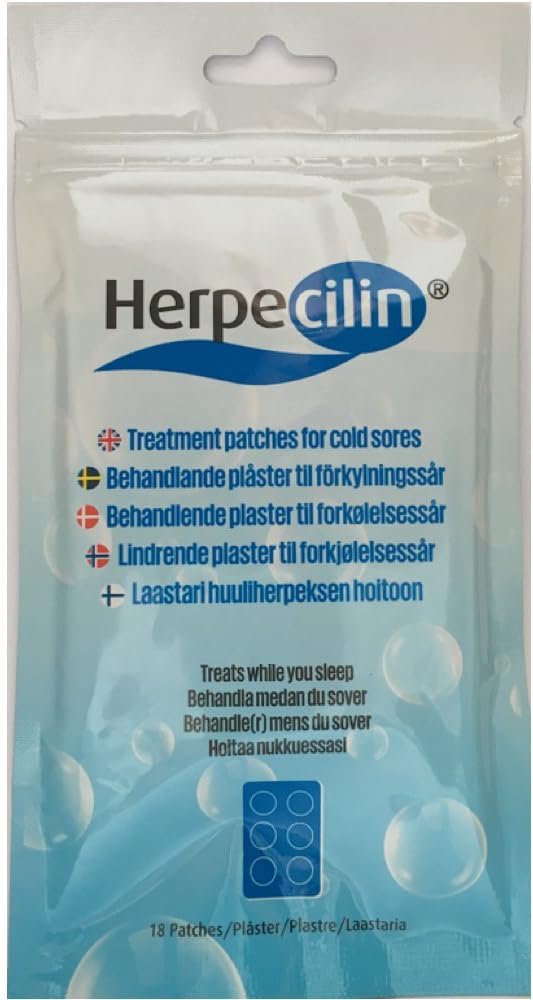 Herpecilin Invisible Herpes Cold Sore Patches (18 pcs), Absorbs Sectretion, Fluids and Puss, Relieves Pain, Protects Sore from Infection, Accelerates Healing